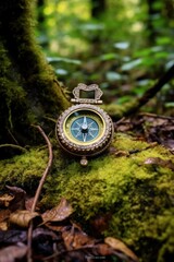 Canvas Print - compass on a hiking trail surrounded by nature, created with generative ai