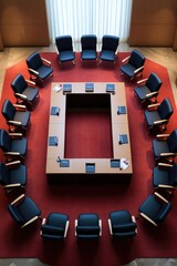 Canvas Print - top view of conference room with neatly arranged chairs, created with generative ai