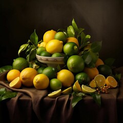 Sticker - AI generated illustration of a bowl filled with freshly-picked lemons on the table