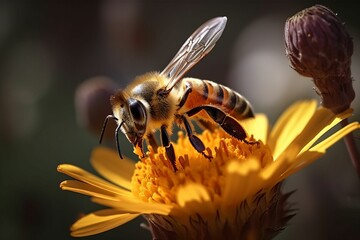 Poster - AI generated illustration of a close-up of a bee perched on the center of a vibrant yellow flower