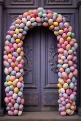 Wall Mural - pastel-colored easter egg wreath on a door, created with generative ai