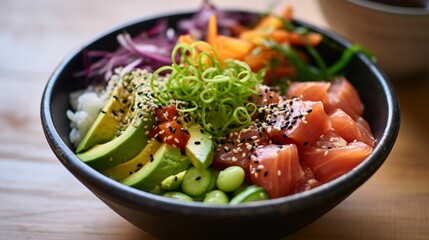 Poster - AI generated illustration of a poke bowl filled with a nutritious array of ingredients