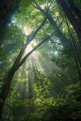 Sticker - sunlight streaming through dense tree canopy, created with generative ai