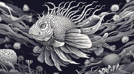 Wall Mural - a line drawing of a fish in black and white.
