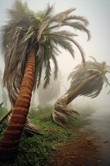 Wall Mural - palm trees bending in strong hurricane winds, created with generative ai