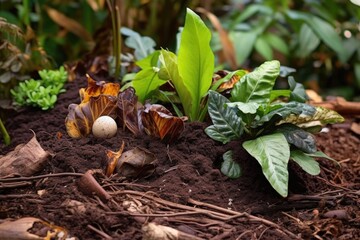 Sticker - close-up of compost pile with decomposing leaves, created with generative ai