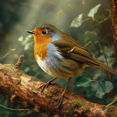 Wall Mural - AI generated illustration of a small European robin perched on a tree branch.