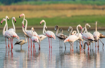 Sticker - Line of pink flamingos standing in a row along the edge of a tranquil body of water