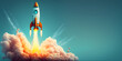 © Art Gallery - Rocket launch into space, wide banner with copy space, concept of business startup, growth, website or project design, generative ai