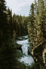 Sticker - Waterfall flowing down a rocky cliff face surrounded by lush green trees