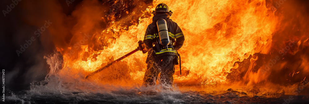 fireman using water and extinguisher to fighting with fire flame in an ...