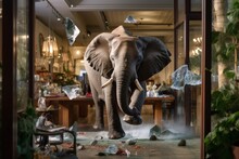 An Elephant In A Glass Shop. He Knocks Over The Glassware As He Maneuvers. Generative AI 9