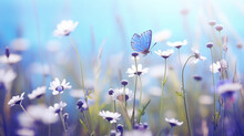 Beautiful Wild Flowers Chamomile, Purple Wild Peas, Butterfly In Morning Haze In Nature Close - Up Macro. Landscape Wide Format, Copy Space, Cool Blue Tones. Delightful Pastoral Airy Artistic Image