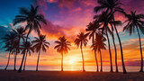 Fototapeta  - Palm trees silhouettes on tropical summer beach at vivid sunset time