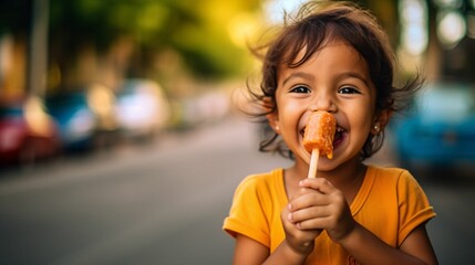 Poster - AI-generated close-up of an adorable child eating ice cream in summer