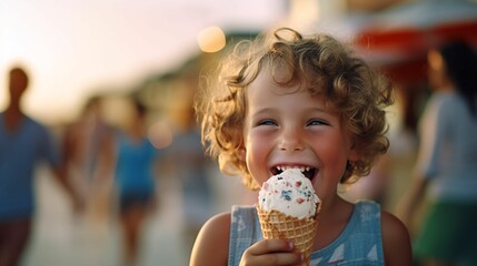 ai-generated close-up of an adorable child eating ice cream on the beach