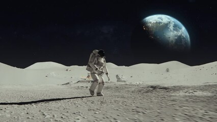 Wall Mural - 3d rendered animation of an astronaut on the moon with the earth in the background