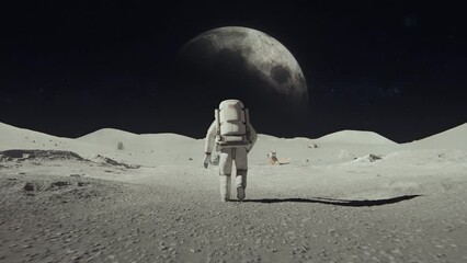 Sticker - 3D rendered animation of an astronaut on the moon with a planet in the dark space background