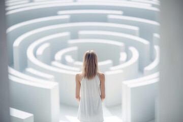 Woman lost in labyrinth. Troubled woman finding way out, Confused mind, problem of searching the way, thinking, finding the maze solution concept. Solving puzzle. AI generated