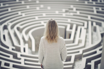 Woman lost in labyrinth. Troubled woman finding way out, Confused mind, problem of searching the way, thinking, finding the maze solution concept. Solving puzzle. AI generated