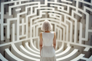Woman lost in labyrinth. Troubled woman finding way out, Confused mind, problem of searching the way, thinking, finding the maze solution concept. Solving puzzle. AI generated