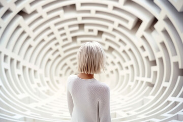 Woman lost in labyrinth. Troubled woman finding way out, Confused mind, problem of searching the way, thinking, finding the maze solution concept. Solving puzzle. AI generated