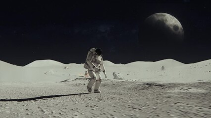 Wall Mural - 3d rendered animation of an astronaut on the moon with a planet in the dark space background