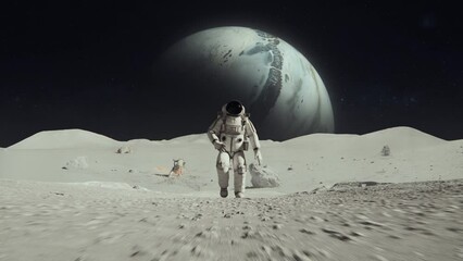 Wall Mural - 3d rendered animation of an astronaut on the moon with a planet in the dark space background