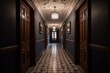Interior of an old hospital, or apartment corridor with wooden doors and tile floor. Colonial, country style. created with Generative AI