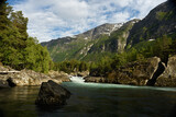Fototapeta Morze - Mountain landscape with a river in the foreground, Norway, Scandinavia