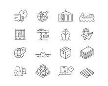 Global Logistics And Shipping Icon Collection Containing 16 Editable Stroke Icons. Perfect For Logos, Stats And Infographics. Edit The Thickness Of The Line In Any Vector Capable App.