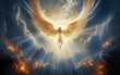angel, Angel ascending from the celestial realm, Archangel, divine wellspring, radiant brilliance, godly light, Angelic cosmic atmosphere, breathtaking heavenly scenery.   Generative AI