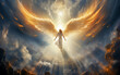angel,  Heavenly angel rising, Archangel, celestial origin, brilliantly glowing, divine radiance, Angelic cosmos backdrop, exquisite celestial scenery.  Generative AI