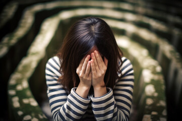 Woman lost in labyrinth. Troubled woman finding way out, Confused mind, problem of searching the way, thinking, finding the maze solution concept. Solving puzzle. AI generated