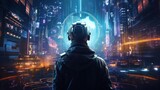 Fototapeta Przestrzenne - Depict a skilled cyberpunk hacker in a futuristic setting, surrounded by holographic interfaces, intricate code, and virtual reality elements
