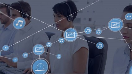 Sticker - Animation of network of digital icons over biracial woman wearing phone headset smiling at office