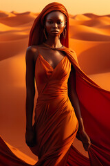 Wall Mural - A woman in an orange dress in the desert. Generative AI.