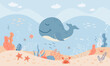 Children graphic illustration for nursery, wallpaper, book cover, textile, cards. Vector illustration with marine theme with cute whale 
