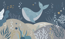 Children Graphic Illustration For Nursery Wall. Interior Design For Kids Room. Vector Illustration With Underwater Theme And Cute Whale For Books And Textile