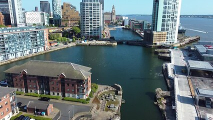 Wall Mural - Aerial drone view of city and port of Liverpool United Kingdom