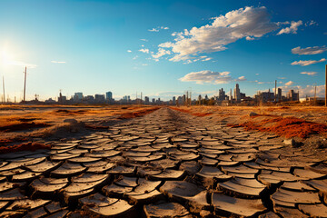 Wall Mural - Drought, dry cracker earch on fields hit by lack of rain outside a large city.