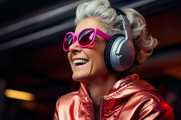 Wall Mural - A woman wearing headphones and pink sunglasses. Generative AI. Middle aged woman with grey hair in earphones listening music or talking over internet with her colleagues or loved ones.