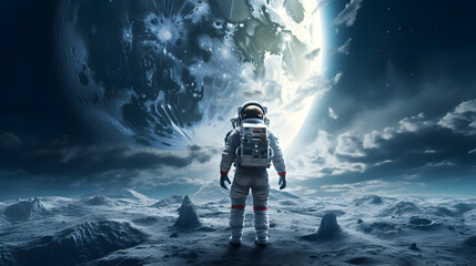 Wall Mural - spaceman or astronaut on the surface of moon. ai generated.