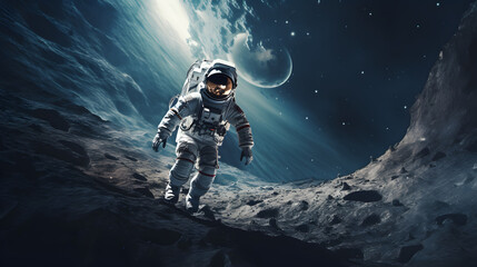spaceman or astronaut on the surface of moon. ai generated.
