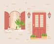 © Natalya Nepran - Vintage front door and window with shutters. House exterior
