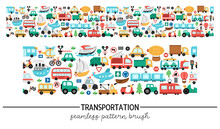 Vector Transportation Horizontal Seamless Pattern With Different Kinds Of Transport. Road Trip Repeating Border Brush. Cute Background With Bus, Car, Boat, Truck, Bike, Plane, Train.