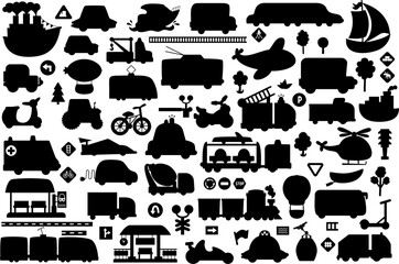Wall Mural - Vector transportation silhouettes set. Black icons collection with different kinds of transport. Cute road way shadow illustrations with bus, car, boat, truck, bike, plane, train, bus stop, station