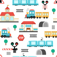 Wall Mural - Vector railway transport seamless pattern. Funny railroad transportation repeating background with train, steam train, tunnel for kids. Cute rail vehicles texture with semaphore, barrier.