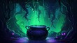 Bowling witch's brew or cauldron with a magical potion. Halloween scenery banner background. AI illustration..