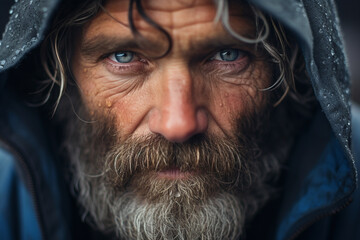 close-up shot of a person's face, expressing a calm and composed demeanor despite the chaos unfolding around them, capturing the stoic virtue of maintaining inner peace in challeng Generative AI